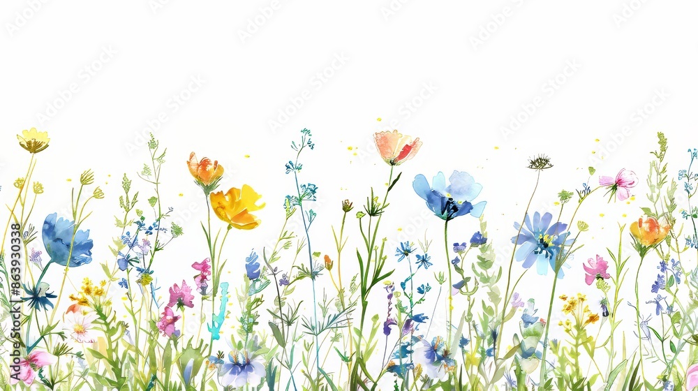 Isolated watercolor illustration of wildflowers and herbs with a panorama. Summer meadow. Illustration suitable for cards, borders, banners, or other designs. Isolated watercolor illustration of wildflowers and herbs with a panorama. Summer meadow. Illustration suitable for cards, borders, banners, or other designs.