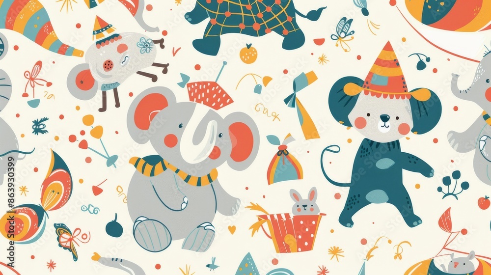 A circus show with a big elephant, a mouse, a cute bear, a funny bunny, and a juggling cat. Vintage seamless pattern. A circus show with a big elephant, a mouse, a cute bear, a funny bunny, and a juggling cat. Vintage seamless pattern.