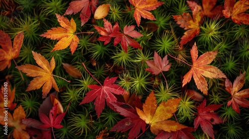 Polytrichum moss with autumn leaves from above in fall © 2rogan