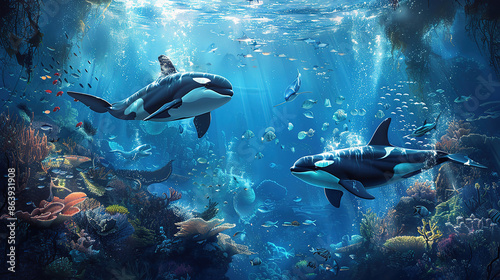 Sea World Themed Background Underwater Aquatic Landscape, Orca Whale. 