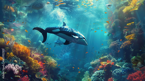 Sea World Themed Background Underwater Aquatic Landscape, Orca Whale.  photo