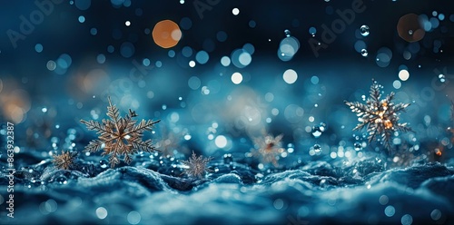 Snowflake Winter Background with Blue Bokeh photo