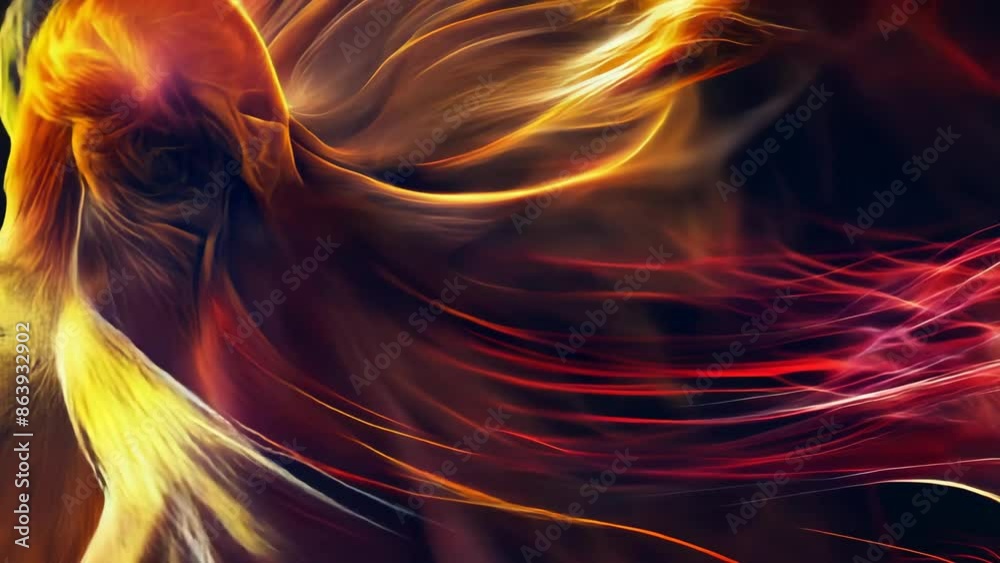Roaring lion with fiery mane, depicting power and strength, with vibrant flames flowing through its fur, creating a fierce and dynamic image