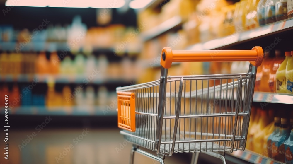 Supermarket aisle with shopping cart, shelves, blurred interior for optimal shopping experience Supermarket aisle with shopping cart, shelves, blurred interior for optimal shopping experience