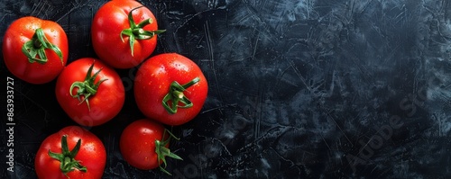 Fresh red tomatoes on a dark background with salt and pepper. Ideal for culinary themes, food blogs, or fresh produce promotions. 