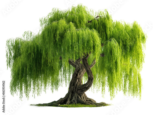 big green willow tree on grass field, PNG isolated transparent background