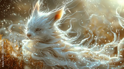 Ethereal feline with flowing white fur, surrounded by magical light and sparkles in a mystical fantasy setting. photo