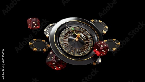 Casino chips, cubes, roulette, drum on dark black background - 3d render. Flying chip for online casinos and mobile gambling applications, poker - winner, wealth concept. 