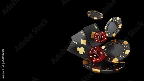 Casino chips, cubes, roulette, drum  on dark black background - 3d render. Flying chip for online casinos and mobile gambling applications, poker - winner, wealth concept. 