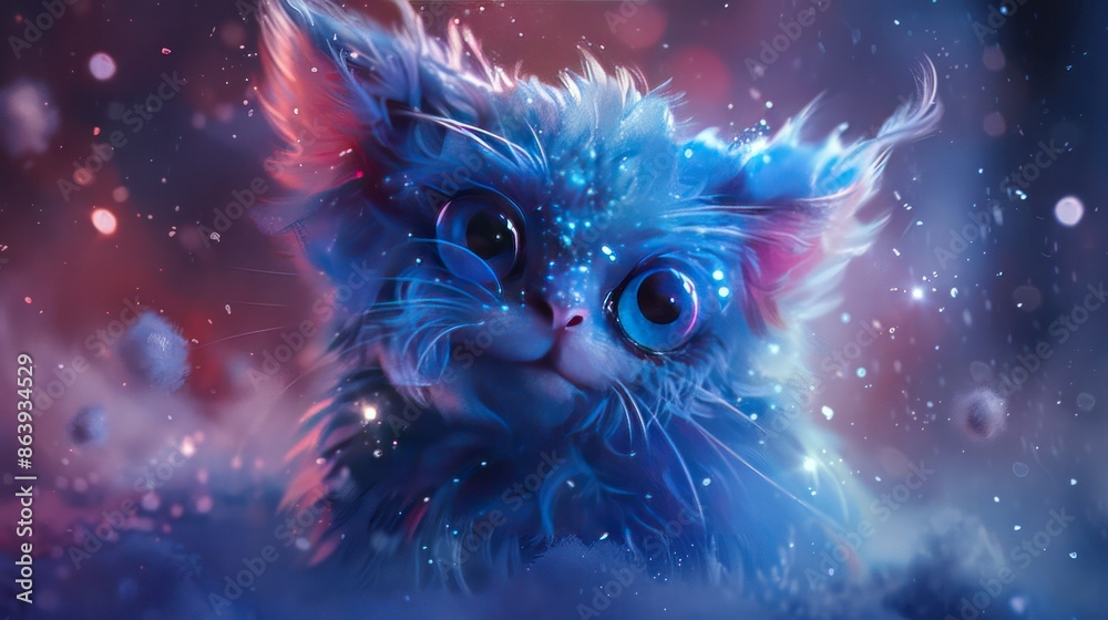 Whimsical digital art of a magical blue kitten floating in a dreamy, mystical galaxy with sparkling stars and vibrant colors. Whimsical digital art of a magical blue kitten floating in a dreamy, mystical galaxy with sparkling stars and vibrant colors.