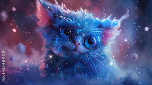 Whimsical digital art of a magical blue kitten floating in a dreamy, mystical galaxy with sparkling stars and vibrant colors.