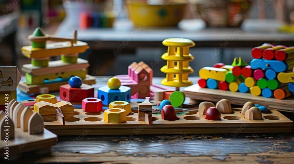Wooden toy for kids. It has different shapes and colors that can be ...
