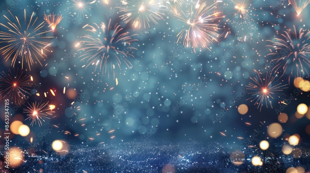 Fototapeta premium A vibrant display of fireworks lighting up the night sky with colorful explosions and bokeh lights, creating a festive atmosphere.