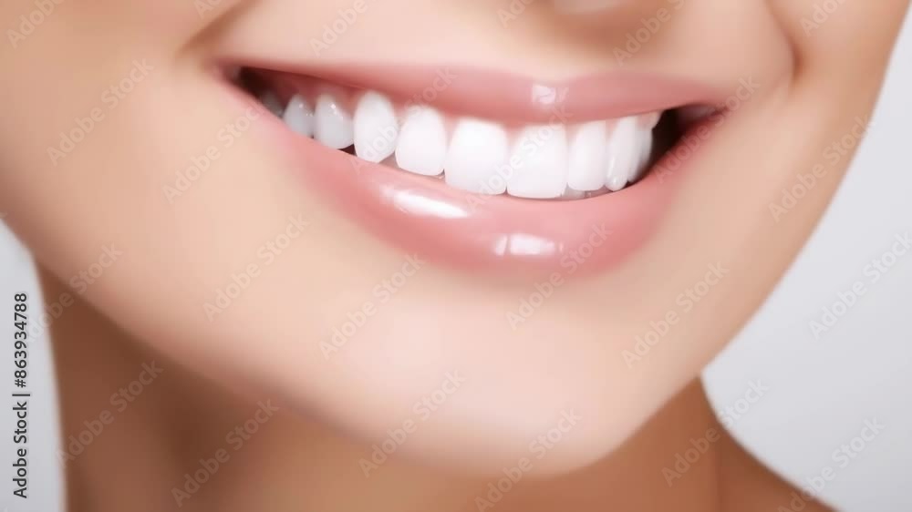 Close-up of a young caucasian woman smiling, showcasing bright white teeth and glossy lips. The image captures the mouth area against a neutral background, highlighting dental health and beauty. Close-up of a young caucasian woman smiling, showcasing bright white teeth and glossy lips. The image captures the mouth area against a neutral background, highlighting dental health and beauty.