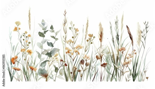 This watercolor illustration features wildflowers, herbs. A panoramic horizontal seamless pattern illustration shows an autumn meadow. This illustration is perfect for card designs or borders and