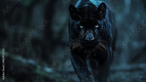 A sleek black puma stands boldly against a seamless black backdrop, its piercing eyes and glossy fur creating a striking contrast in this minimalistic wildlife portrait