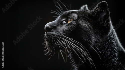 A majestic black puma stands boldly against a deep, shadowy backdrop, showcasing its sleek fur and piercing eyes with an air of mysterious elegance and wild beauty
