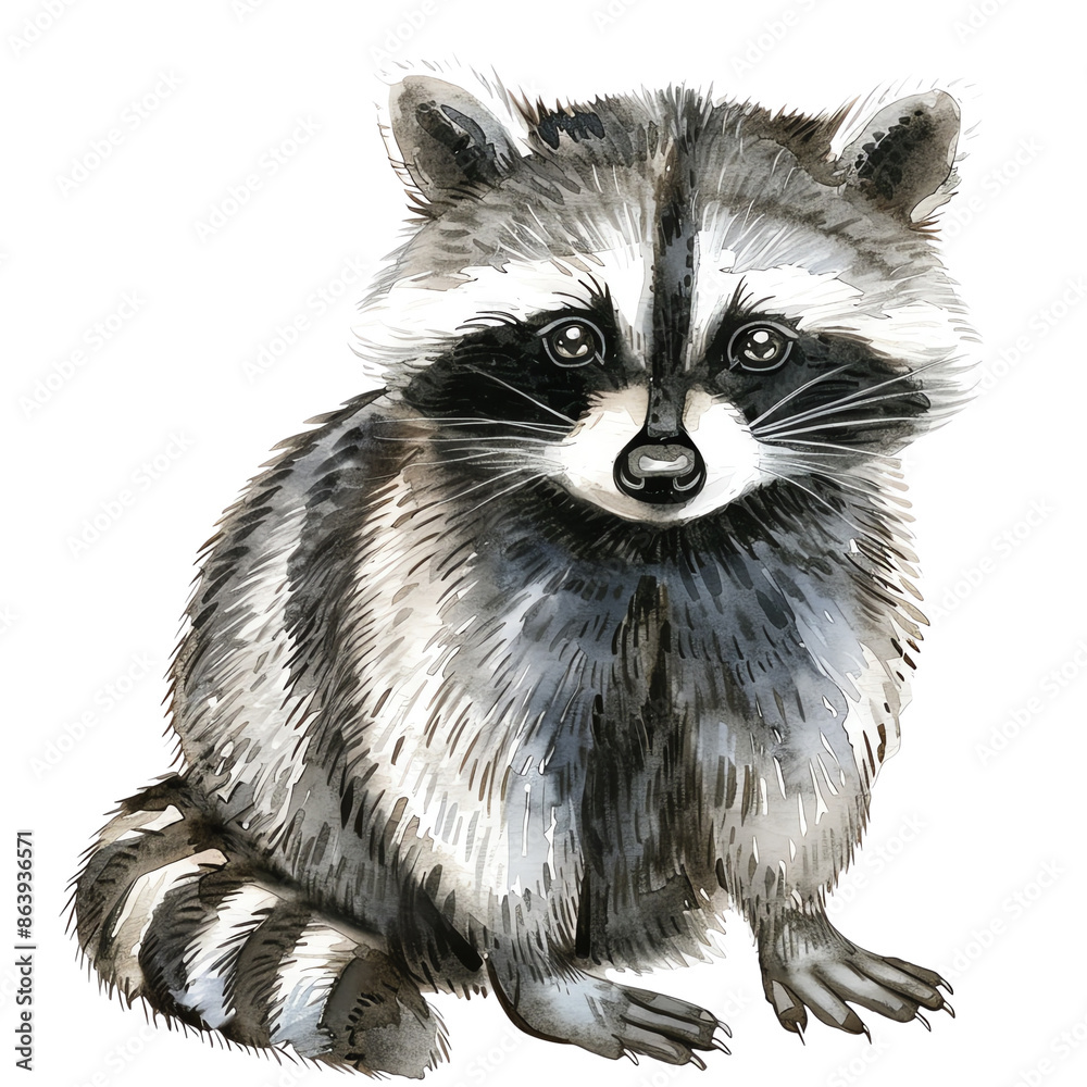 Obraz premium A charming watercolor illustration of a cute raccoon sitting. Perfect for nature-themed design and wildlife art lovers.