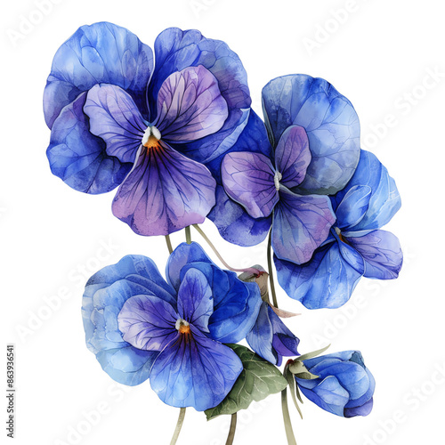 A beautiful illustration of vibrant blue and purple pansies, ideal for botanical and floral designs. photo