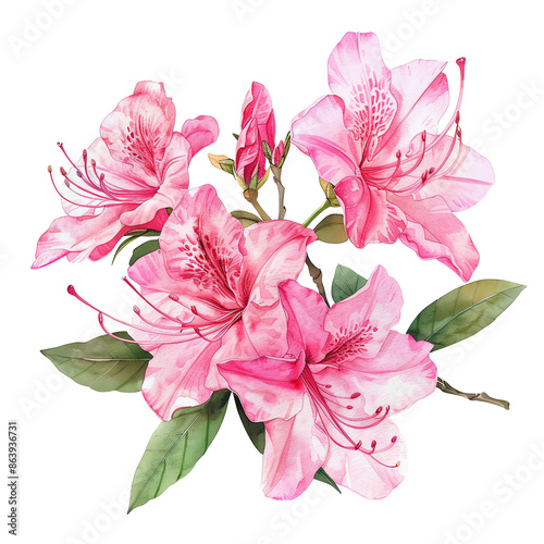 Beautiful close-up of pink azalea flowers with detailed petals and green leaves, isolated on white background.