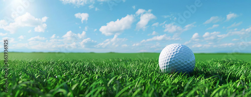 Conceptual birds-eye perspective, photorealistic 3D, golf ball nestled on pristine green grass, expansive blue sky in the background, perfect for a banner design