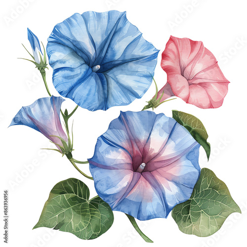 Beautiful watercolor painting of blooming morning glories in shades of blue and pink, with green leaves, isolated on a white background.