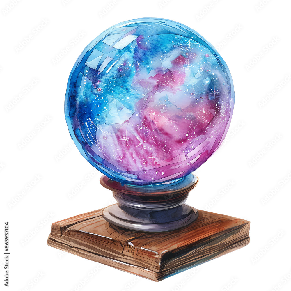 Colorful crystal ball with cosmic galaxy pattern on wooden stand, symbolizing mysticism, fortune telling, and spiritual insights. Colorful crystal ball with cosmic galaxy pattern on wooden stand, symbolizing mysticism, fortune telling, and spiritual insights.
