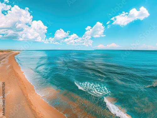 A calm ocean view from a sandy beach, suitable for travel or lifestyle images photo