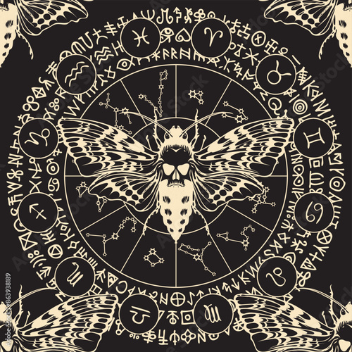 vector seamless pattern with a death's head butterfly on the background of the zodiac circle with constellations and ancient runes on black background