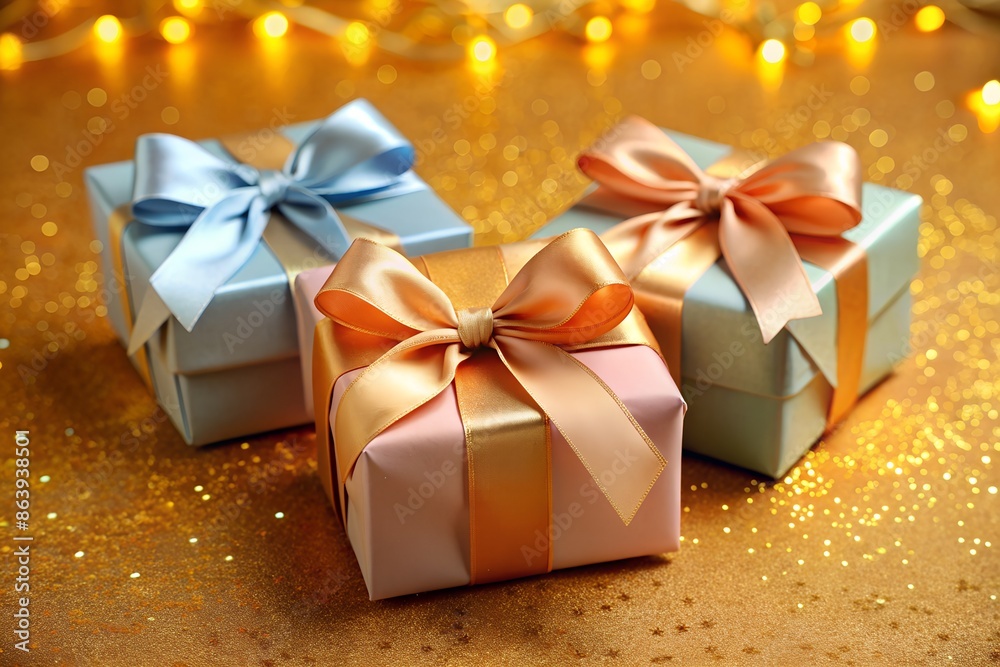 several gift boxes, pastel colors, on the golden background several gift boxes, pastel colors, on the golden background