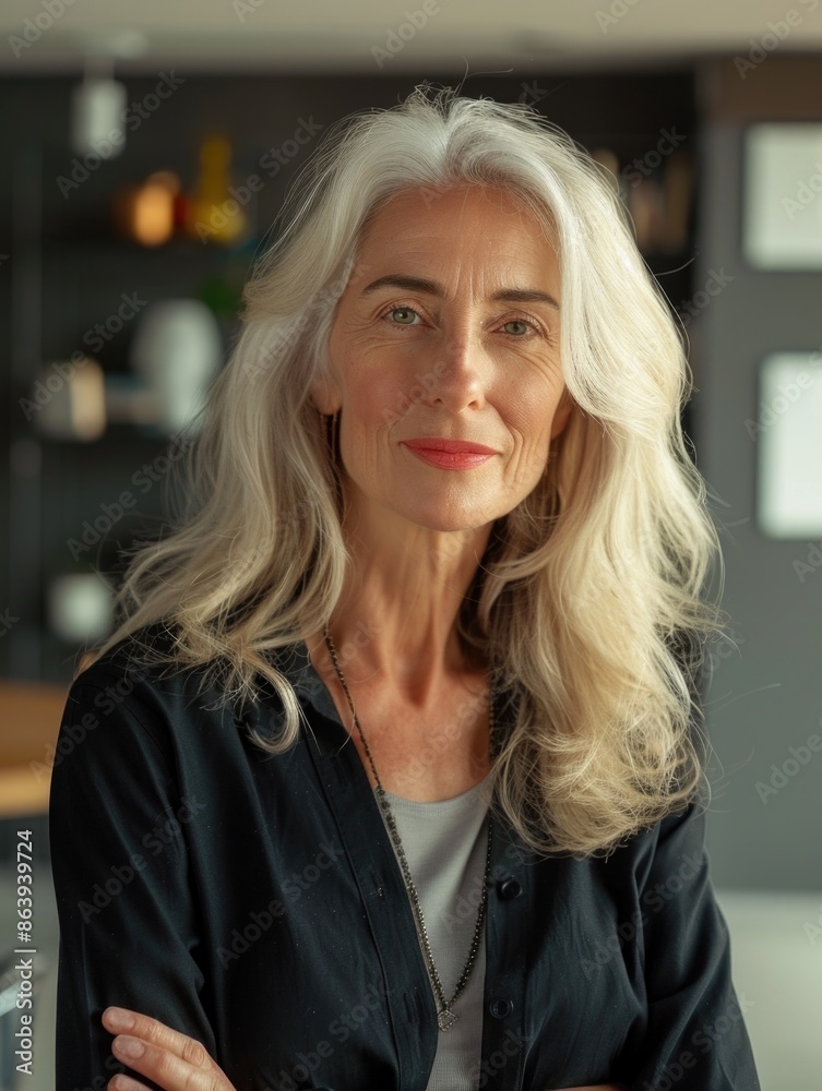 A woman with white hair wearing a black jacket, suitable for editorial or commercial use A woman with white hair wearing a black jacket, suitable for editorial or commercial use