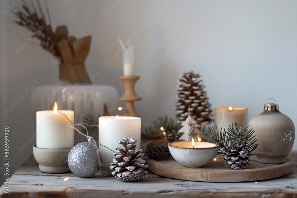 Christmas decoration with candles and fir branches on wooden table in living room Christmas decoration with candles and fir branches on wooden table in living room