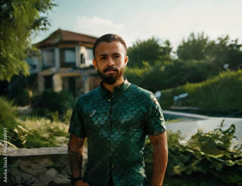 Man standing in front of luxurious millionaire guesthouse with duplex building and artificial lake with jungle in the background generative AI Man standing in front of luxurious millionaire guesthouse with duplex building and artificial lake with jungle in the background generative AI