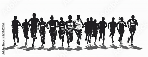 Eye-level angle marathon run, dynamic group of diverse men and women running, isolated vector silhouettes on a crisp white background, strong contrast, minimalist design