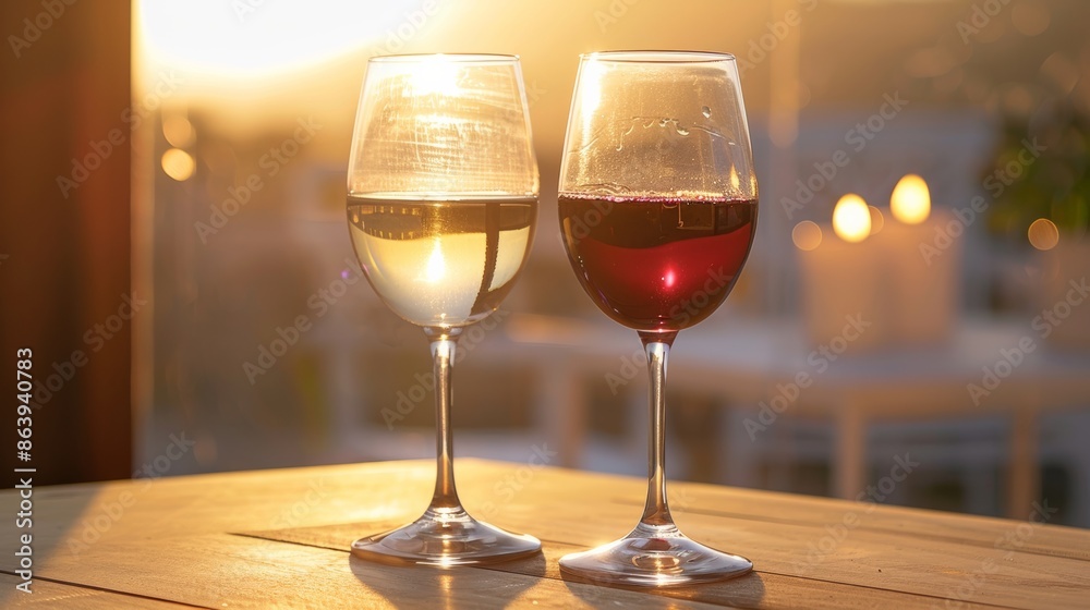 of two white and red wine glasses standing on a table with candles in the sunlight of two white and red wine glasses standing on a table with candles in the sunlight
