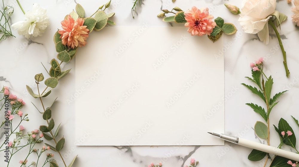 Elegant Floral Wreath with Blank Space on Paper Background, Perfect for Invitations, Cards, and PPT Templates, Featuring Beautiful Flowers and Leaves Design