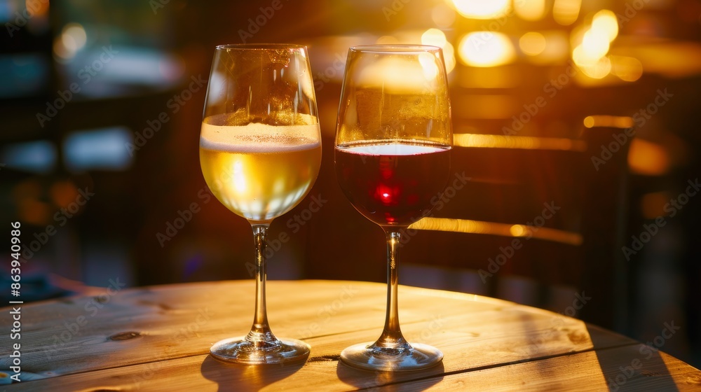 of two white and red wine glasses standing on a table with candles in the sunlight of two white and red wine glasses standing on a table with candles in the sunlight