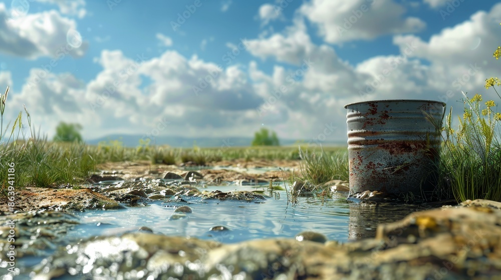 Image shows a beautiful landscape with a pond and a rusty bucket on the shore Image shows a beautiful landscape with a pond and a rusty bucket on the shore