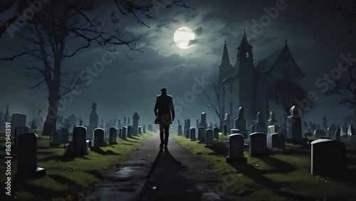 Wallpaper Mural Halloween scene with cemetery in full moon night and silhouette of a man in suit, person walking on the graveyard at night, graveyard, full moon night, dead trees, witch house, clouds, Generative AI Torontodigital.ca