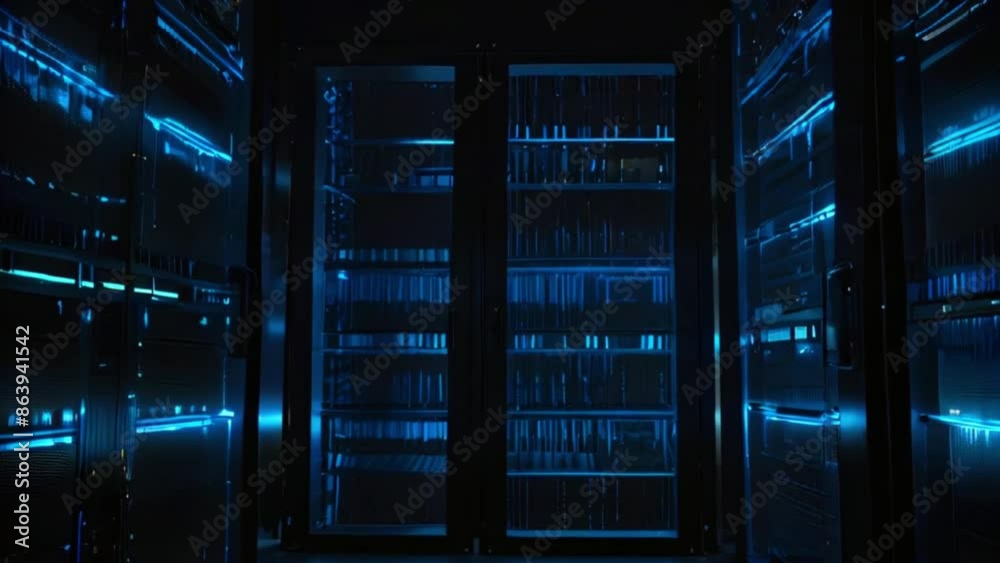 A dark room filled with tall racks of servers with bright blue lights. A dark room filled with tall racks of servers with bright blue lights.