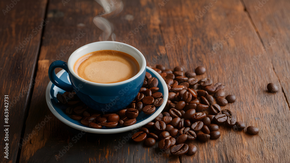 Fototapeta premium The coffee beans are scattered all over the table, creating a cozy