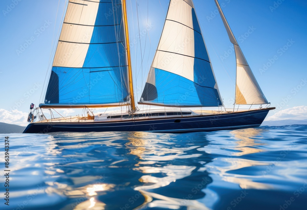 Naklejka premium sailboat gliding summer breeze water, wind, glide, float, blue, sky, horizon, peaceful, serene, leisure, activity, nautical, adventure, outdoor, recreation