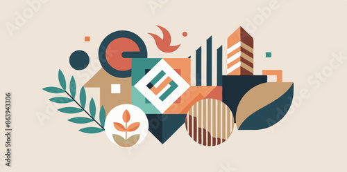 Colorful geometric shapes and leaves on beige background. A vibrant image featuring geometric patterns and foliage on a neutral backdrop