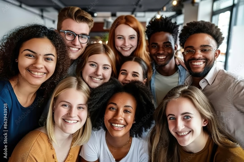 Obraz premium Multicultural happy people taking group selfie portrait in the office, diverse people celebrating together, Happy teamwork and lifestyle concept