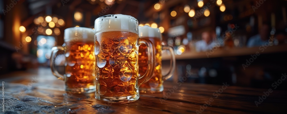 Banner. Close up photo of three glasses of different types of beer sitting on wooden table in dimly lit bar Banner. Close up photo of three glasses of different types of beer sitting on wooden table in dimly lit bar