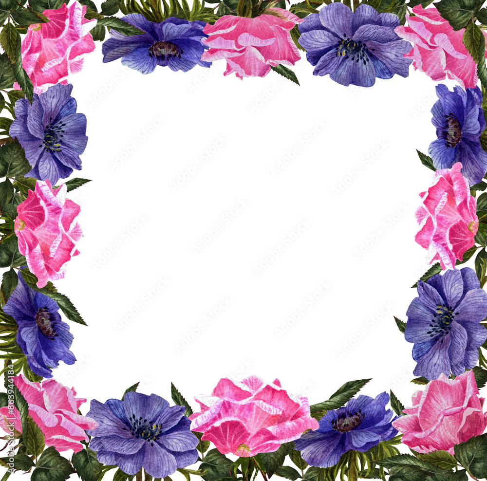 Beautiful square frame of pink roses and anemones. A watercolor flowers Beautiful square frame of pink roses and anemones. A watercolor flowers