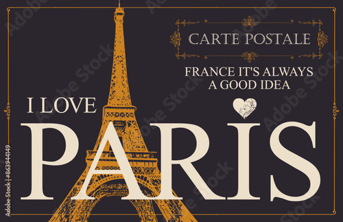 Retro postcard with the famous french Eiffel tower in Paris, France. Vector postcard in vintage style with words I love Paris, french landmark and sign heart