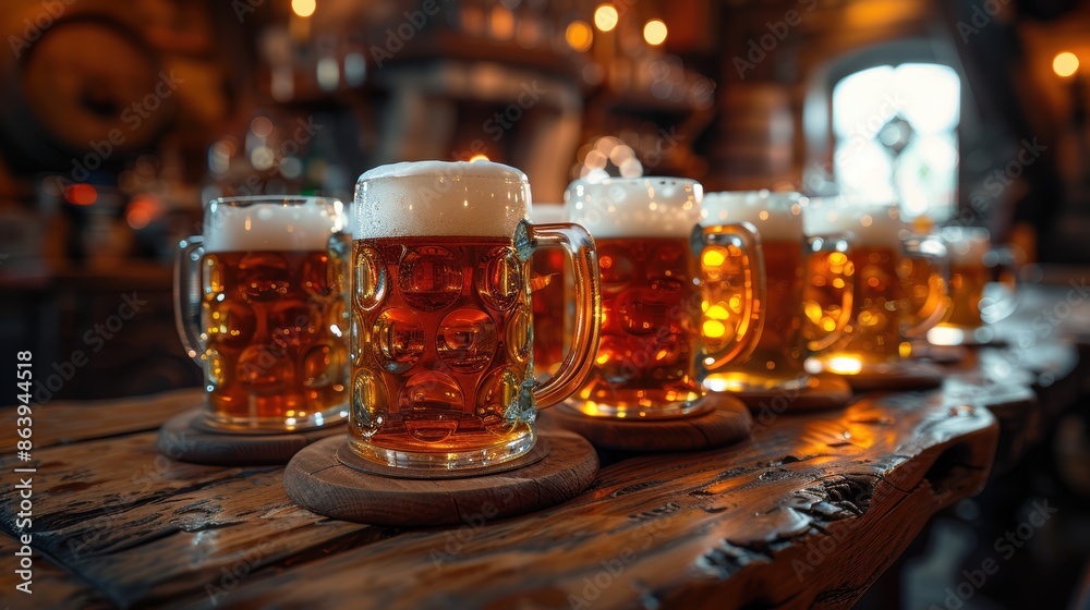 Several frothy beer mugs filled with amber ale line rustic wooden table at bar against blurred warmly background Several frothy beer mugs filled with amber ale line rustic wooden table at bar against blurred warmly background