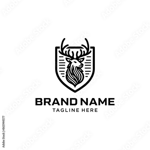 Horned Deer Logo Template Design. Simple Vector of Deer Head and Shield. Suitable for Hunting and Outdoor Activities Logos.