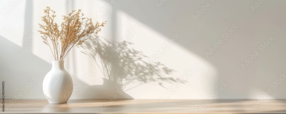 Modern white ceramic vase with dry grass on a wooden table, minimalist home decor in natural light. Free copy space for banner. Modern white ceramic vase with dry grass on a wooden table, minimalist home decor in natural light. Free copy space for banner.